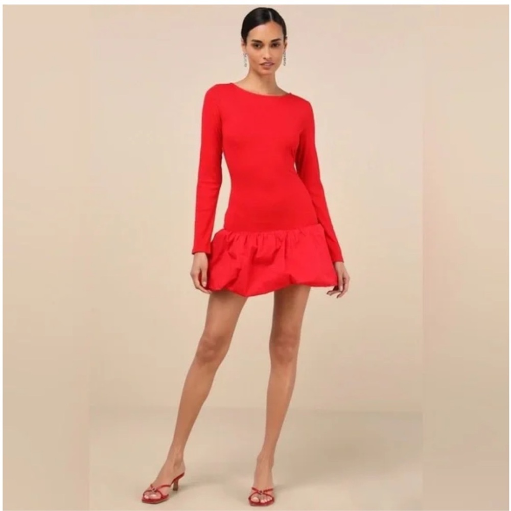 Lulu's Vibrant Red Long Sleeve Dress